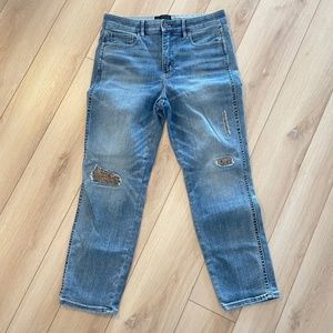 WHBM High Rise Straight Blue Denim Jeans Beaded Distressed